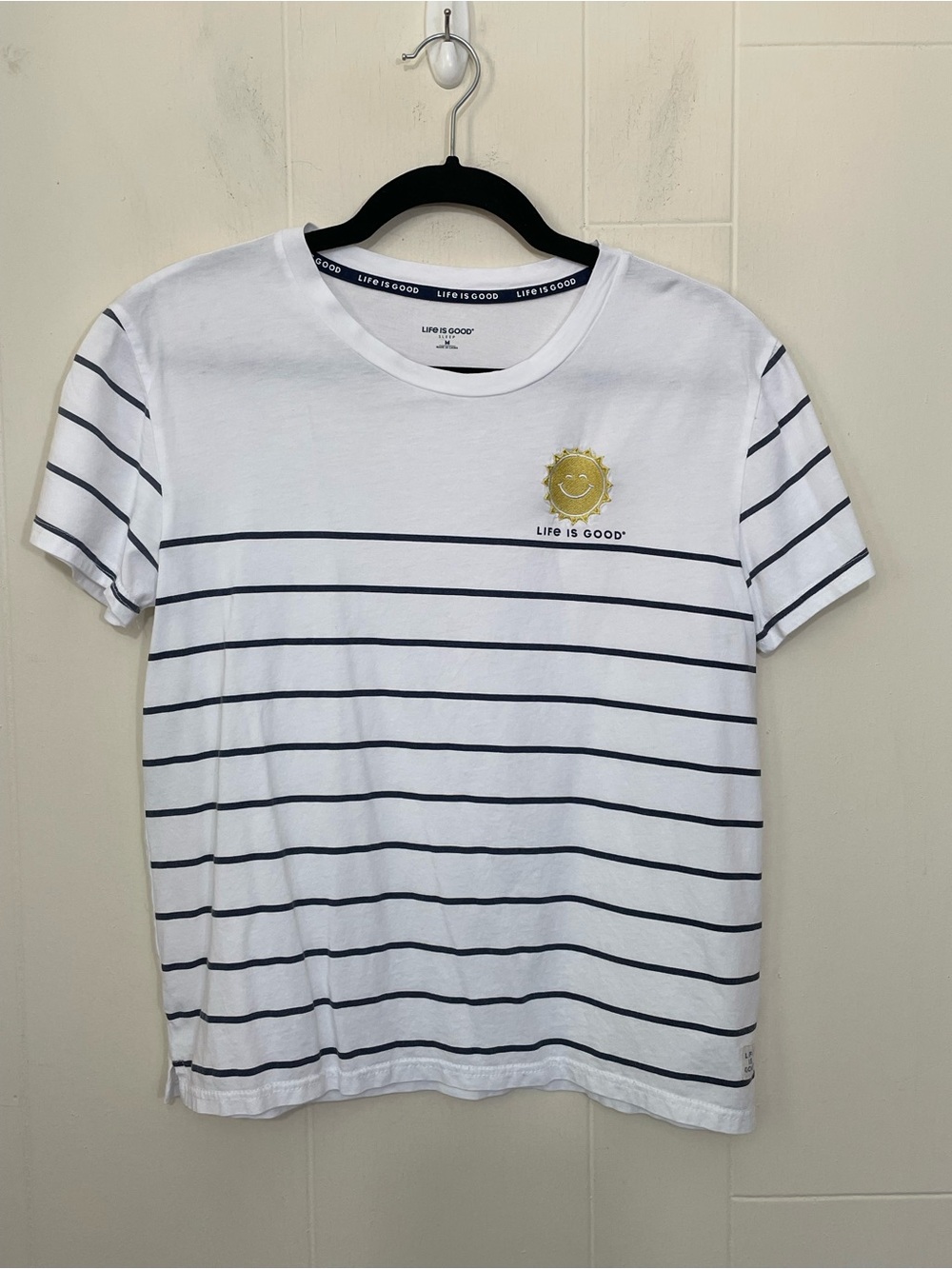 Life Is Good Sleep Tee Shirt Size M White Blue Stripe Short Sleeve Cotton Rayon